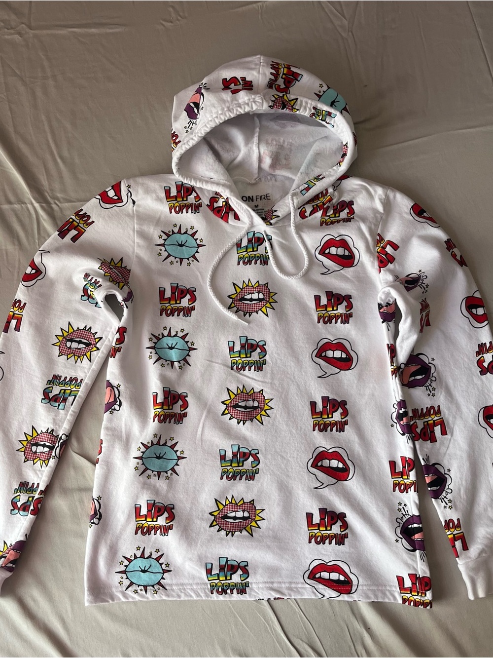 On Fire White Hoodie with Colorful Lips & Pop Graphics